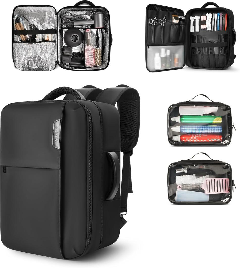 Barber Bag with 2 Pouches, Professional Hairstylist Travel Backpack with Adjustable Dividers, Hairdresser Hair Tools Bag with Insulated Pocket, Cosmetology Bags for Supplies, Water-resistant, Black