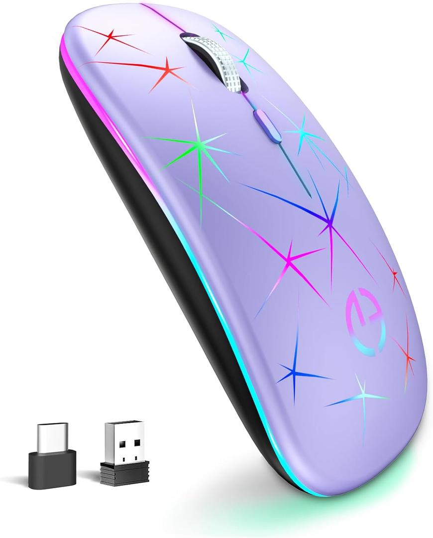 TaIYanG Wireless Mouse, 2.4G Portable Optical Quiet RGB Mouse with USB Receiver and Type C Adapter, 3 Adjustable DPI Levels, Wireless Computer Mice for Laptop, Computer, PC, MacBook, Desktop (Purple)