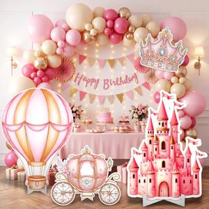 Honoson 4 Pcs Large 20" x 30" Princess Castle Cardboard Cutouts Standup, Princess Birthday Party Decoration Backdrop Yard Signs for Baby Shower Pink Party Supplies Lawn Crown Decor