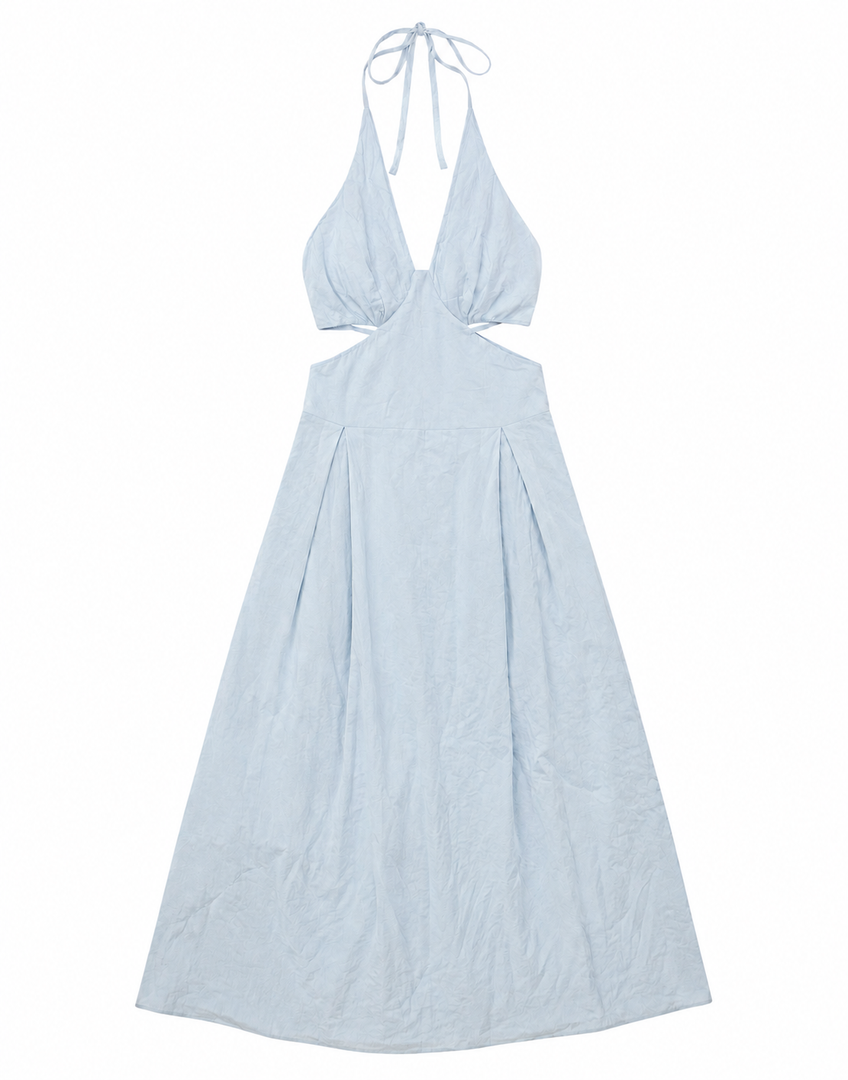 A Stylish Women’s Halter Maxi Dress Featuring A Deep V-Neck, Adjustable Tie Straps, Open Side Cutouts, And A Flattering High-Waisted Silhouette, Size M