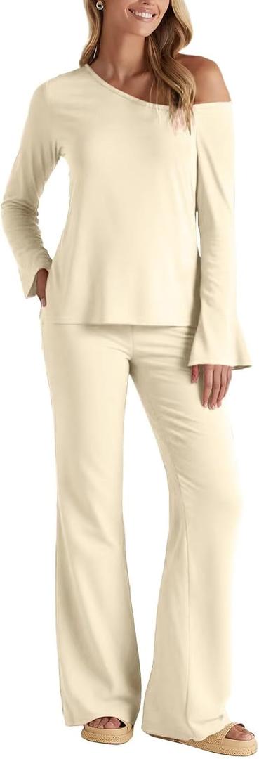 BWQ Sexy 2 Piece Outfits for Women Long Sleeve Wide Leg Pants Casual Lounge Matching Sets (Beige, XL)