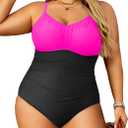 Aqua Eve Plus Size Swimsuit for Women Tummy Control One Piece Bathing Suit Vintage Swimwear Black and Pink, Size 20W