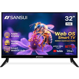 SANSUI 32 inch FHD Smart WebOS TV | Frameless Screen with chromecast Built in | 4000:1 Contrast Ratio|WebOS Hub with 28W Speakers & Apple HomeKit & Live TV| Support Airplay & WiFi & Bluetooth 5.2