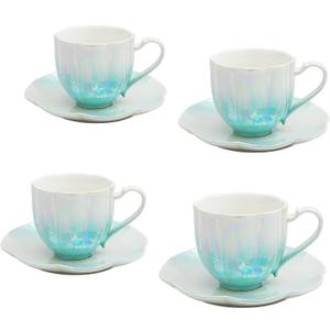 tea cup set ceramic tea cups and saucers set of 4 for Coffee, Cappuccino, Latte,Cafe Mocha, Americano and Tea Porcelain Mugs 6.7 Ounce for Kitchen or Cafe (Green)