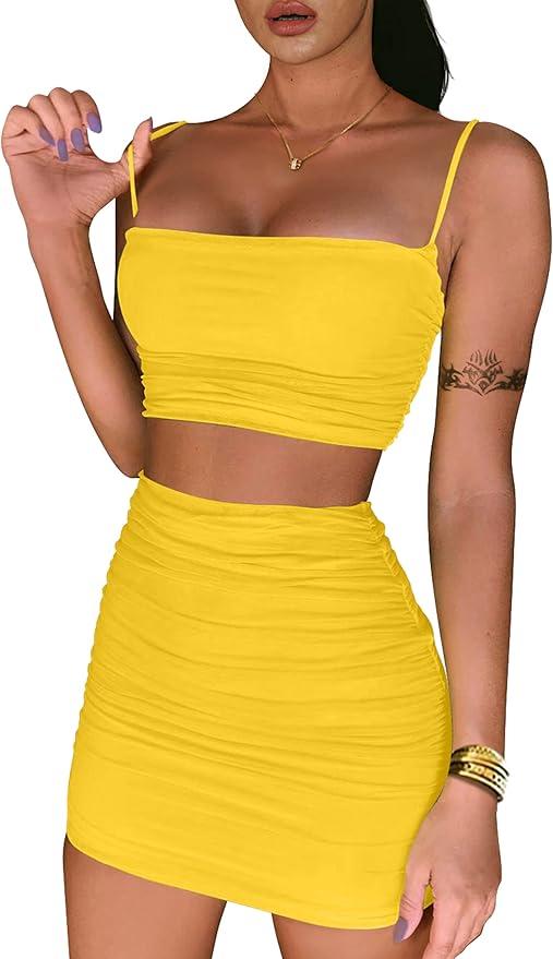 BEAGIMEG Women's Ruched Cami Crop Top Bodycon Skirt 2 Piece Outfits Dress (Yellow), Small