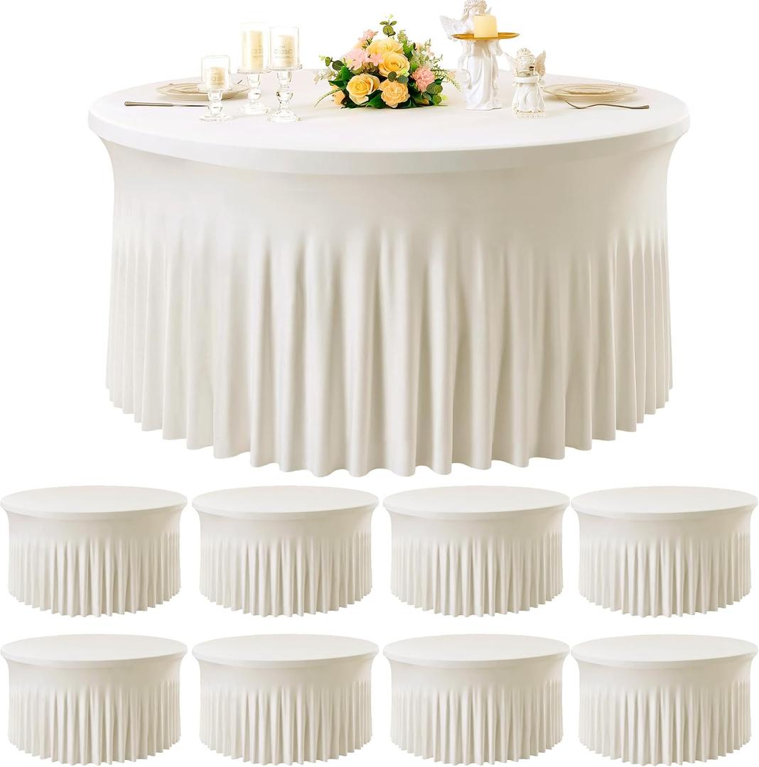 8 Pack Ivory 95% polyester 5% spandex Round Tablecloths for 60 inch Table, Wrinkle Free Stretchy 120inch Fitted 5FT Round Table Cloths Cover with Skirt for Wedding Party Dining Banquet