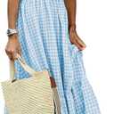 Women's Retro Plaid Smocked Dress Spaghetti Strap Flounce Long Dress (Small, Sky Blue)