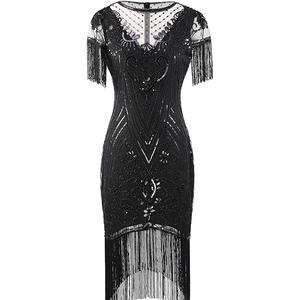 FAIRY COUPLE Women's 1920s Lace Neck Great Gatsby Dress Sequin Art Deco Flapper Dress with Sleeve D20S028, XL