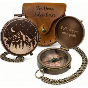Engraved Brass Pocket Compass Gift for Men Vintage Antique Compass for Hiking, Adventure, and Travel Leather Case Included Moon & Stars, or Road Design Gift for Dad, Husband, or Son