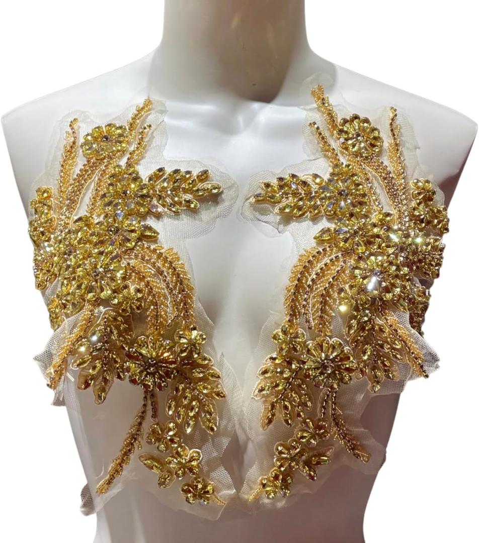 1 Pair of Handmade Rhinestone Appliques,26.5 * 18cm Gold Applique for Dress Wedding,Banquet Evening Gown,Photograph Shot Sewing Rhinestone Patches(Gold)