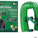 RAYRONG 3/8" Lightweight Coil Garden Hose 32 FT, EVA Flexible Curly Water Pipes with 5-Pattern Spray Nozzle for Boat, Greenhouse, Yard, Patio, Green (32 FT(10M))