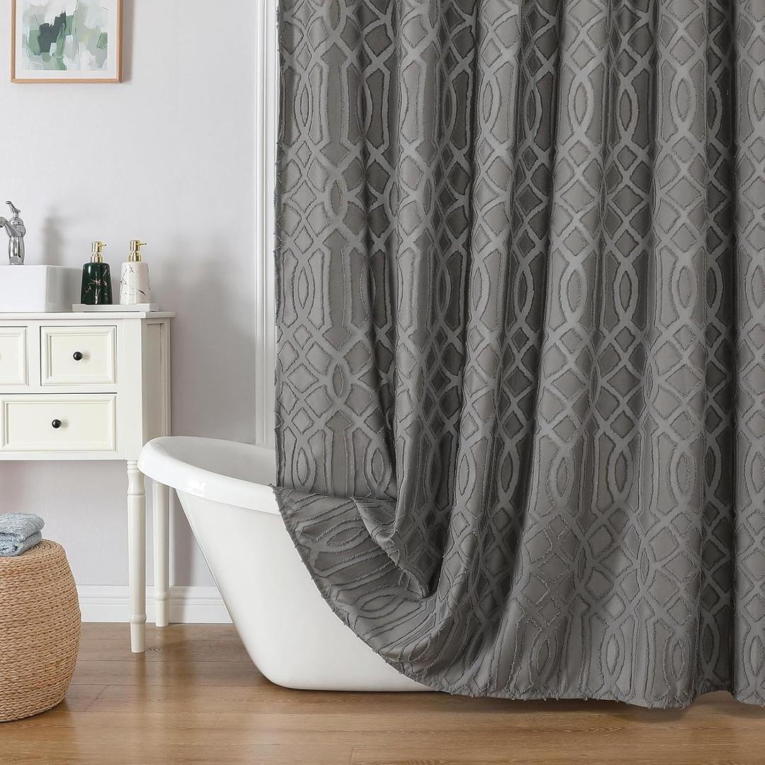 OWENIE Grey Curtains for Bathroom 72 Inch Long, Soft Fabric Boho Shower Curtain, 3D Geometric Jacquard Hotel Style Washable Shower Curtain Set, Grommet Top, 72x72 Inch