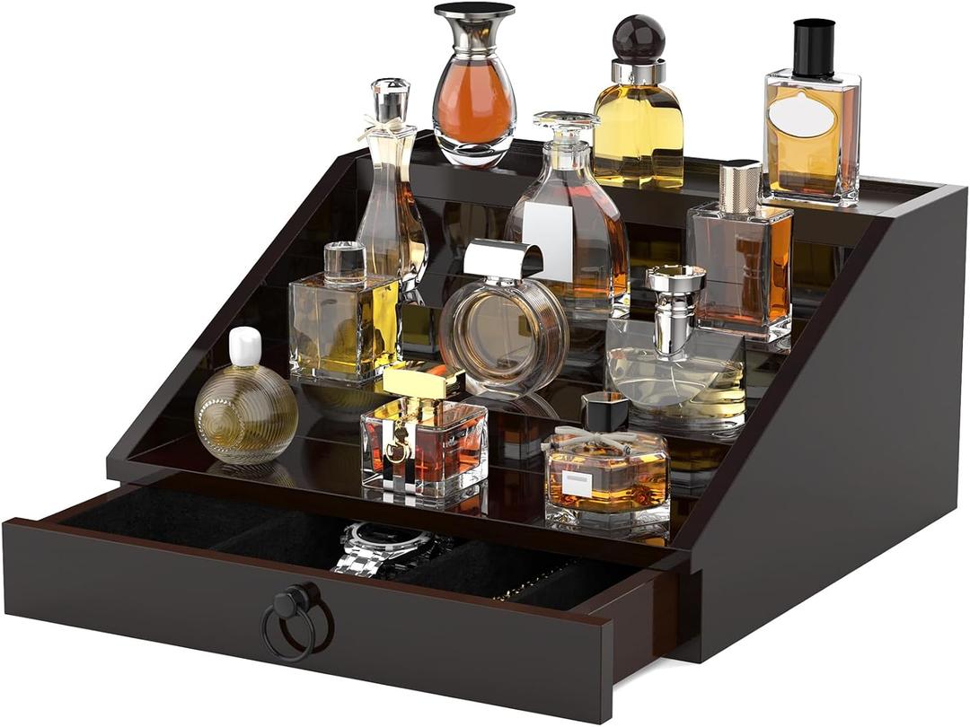 upcessory Wooden Cologne Organizer for Men Enhanced 4 Tier Cologne Stand Shelf Perfume Organizer with Velvet Lined Drawer & Hidden Storage Perfume Display Holder for Dresser Nice Gift (Stylish Brown)