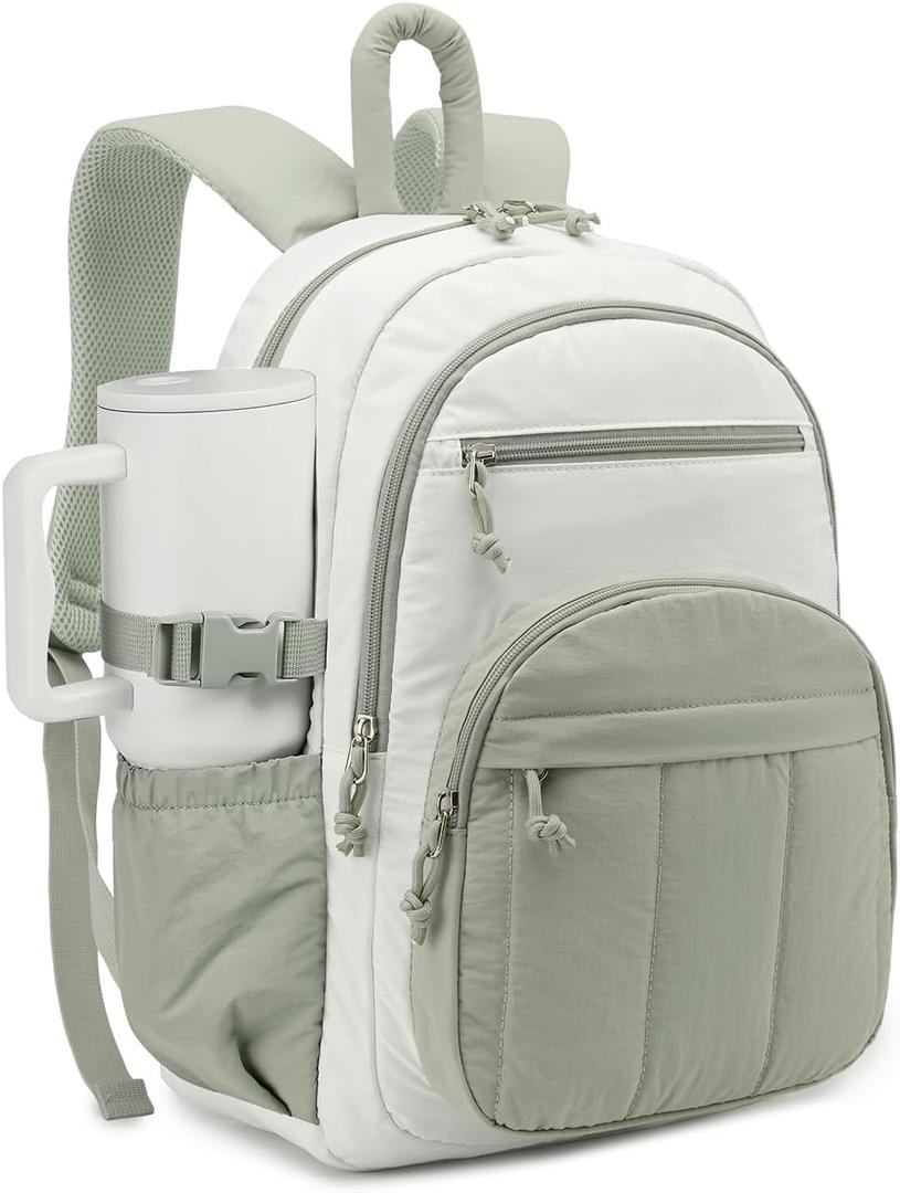 Backpack for Women, Quilted Laptop Bookbag with Pouch Pockets for College Work Travel Gym Teacher Nurses, Puffer High School Backpack for Girls, Beige Green