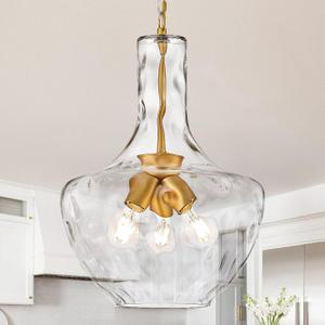 Modern 3-Light Gold Pendant Light Hammered Glass Kitchen Island Light Large Glass Pendant Lights Over Sink Brass Hand-Blown Glass Hanging Light for Kitchen Dining Room Hallway Entrance, 17.7in