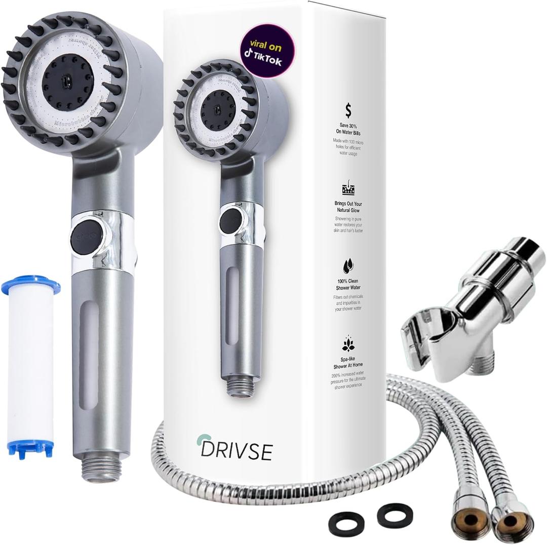 Original Drivse Filtered Shower Head with Ion Drops - High Pressure Shower Heads with 1 Replacement Filter, Detachable Handheld Showerhead with Long Flexible Hose Holder, Adjustable Bracket Showerhead