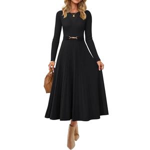 ZESICA Women's Long Sleeve Midi Sweater Dress 2026 Fall Crewneck Knit A Line Pleated Flowy Long Dresses with Belt,Black,Large