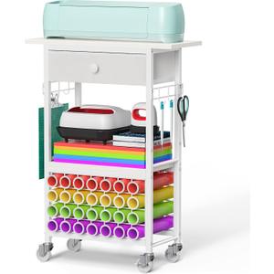 Snughome Craft Cart Compatible with Cricut Maker, Craft Organizers and Storage Table for Cricut Cart with Wheels, Drawer and 28 Vinyl Roll Holders, White, 23.6"(L) x 9.5"(D) x 31.7"(H)