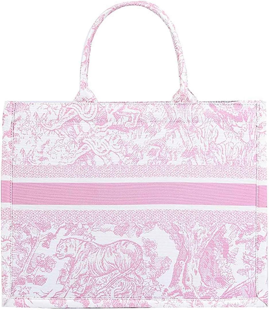 Fashion luxury tote bag cotton linen one shoulder handbag large capacity jacquard embroidery retro exquisite graffiti (Pink)