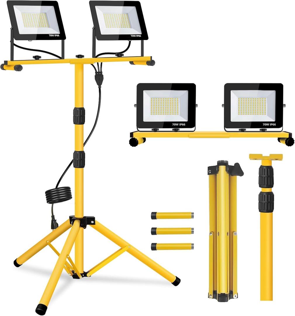 Work Lights with Stand, 21000 Lumen, 2 Adjustable Heads LED Work Lights, with Adjustable and Foldable Tripod Stand, Waterproof Lamp with Individual Switch with 6500 Kelvin Color Temperature (2-Heads)