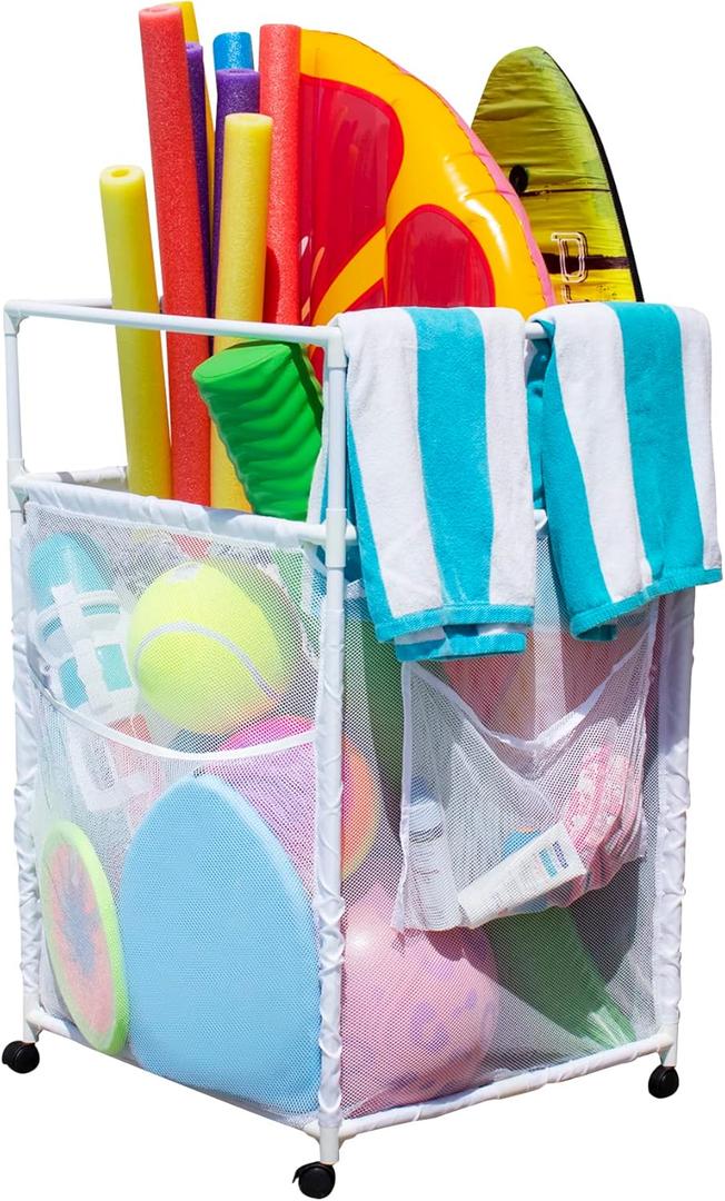 Rolling Pool Noodle Storage Organizer Bin, Standard Noodle Holder (25.4" W x 26" L x 40.5" H), White