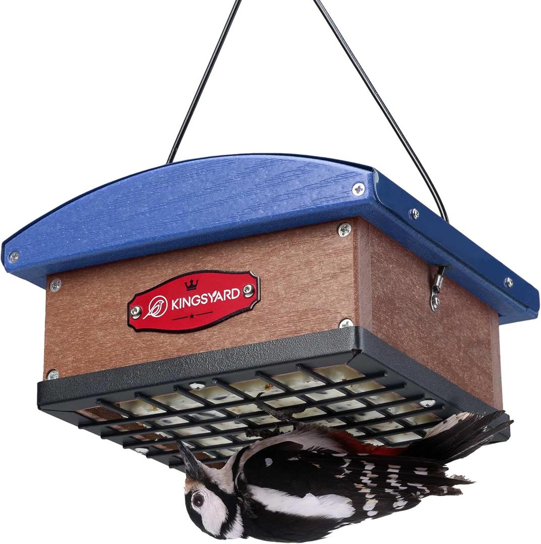 Kingsyard Upgraded Upside Down Double Suet Feeder with Metal Weatherproof Roof, Squirrel-Proof Metal Edging, Suet Feeders for Outside Hanging, Great for Attracting Woodpecker, Nuthatch, Titmouse (Blue)