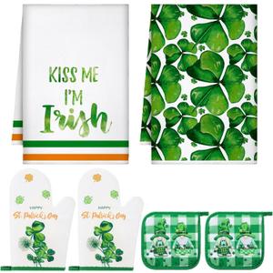 Bencailor 6 Pcs St. Patrick's Day Kitchen Towels Oven Mitts and Pot Holder Sets Green and Black Buffalo Plaid Dish Towels Shamrocks Oven Mitts Glove Potholders for Irish(Clover,Kiss Me)