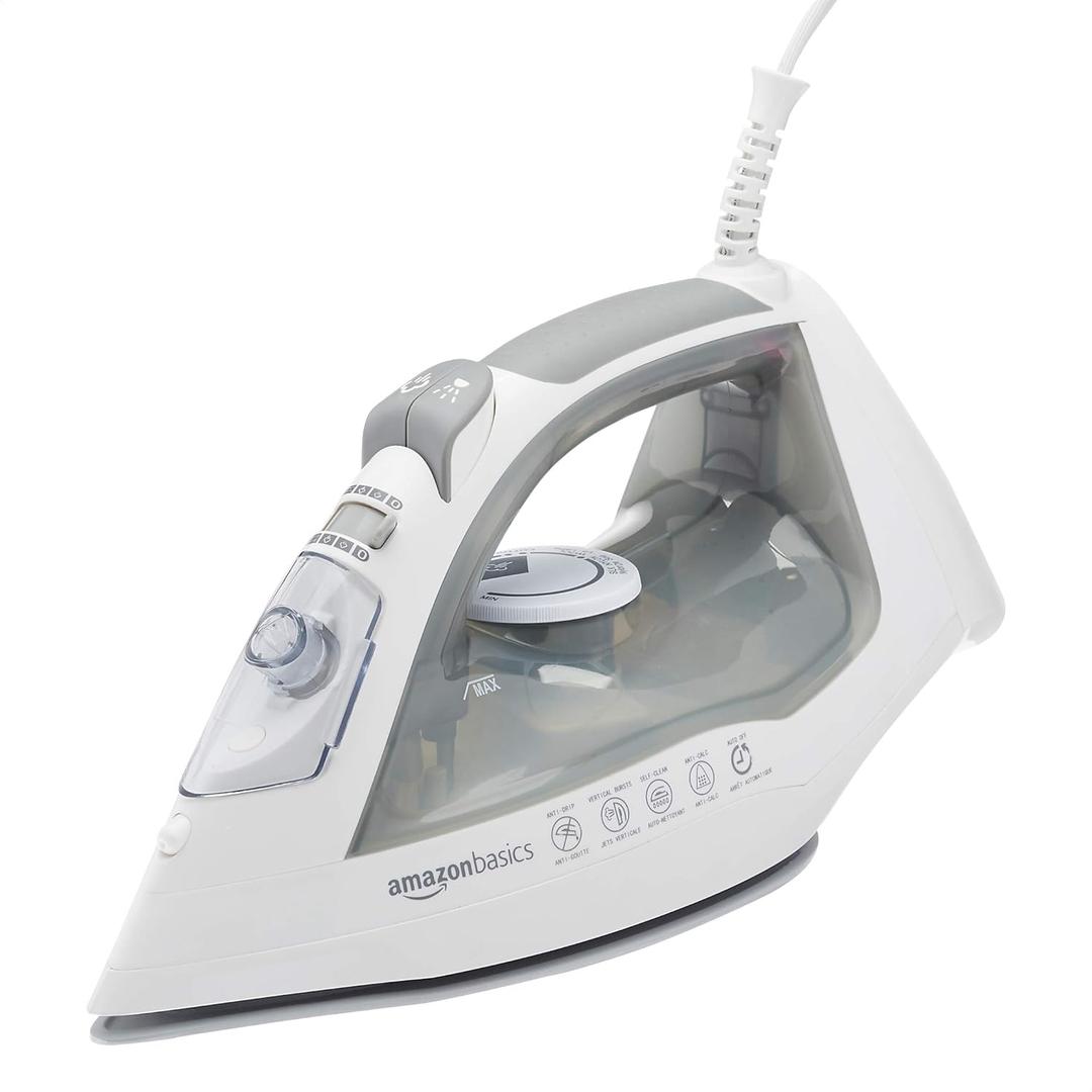 Amazon Basics 1700W 11" Steam Iron, With Non-Stick Ceramic Soleplate, 10 Fl Oz Water Tank (300ML), Auto Shut-Off, Anti-Drip, Anti-Calcification, Thermostat, 6.5Ft Cord, Gray