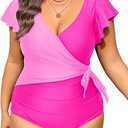 Tempt Me Women Plus Size One Piece Swimsuits - Tummy Control Bathing Suits 2025 Color Block Swimwear Pink 22W