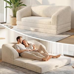 Beige Loveseat 51", 2-in-1 Convertible Tri-Folding Sofa Bed with Thick Backrest & Carry Handle, Foldable Couch Bed Lounger Sleeper Sofa for Living Room, Guest Room, Soft Corduroy