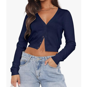 LEEDYA Women's Long Sleeve Cardigans Open Front Knit Cropped Sweaters Fall V Neck Button Down Jacket Tops Size Small