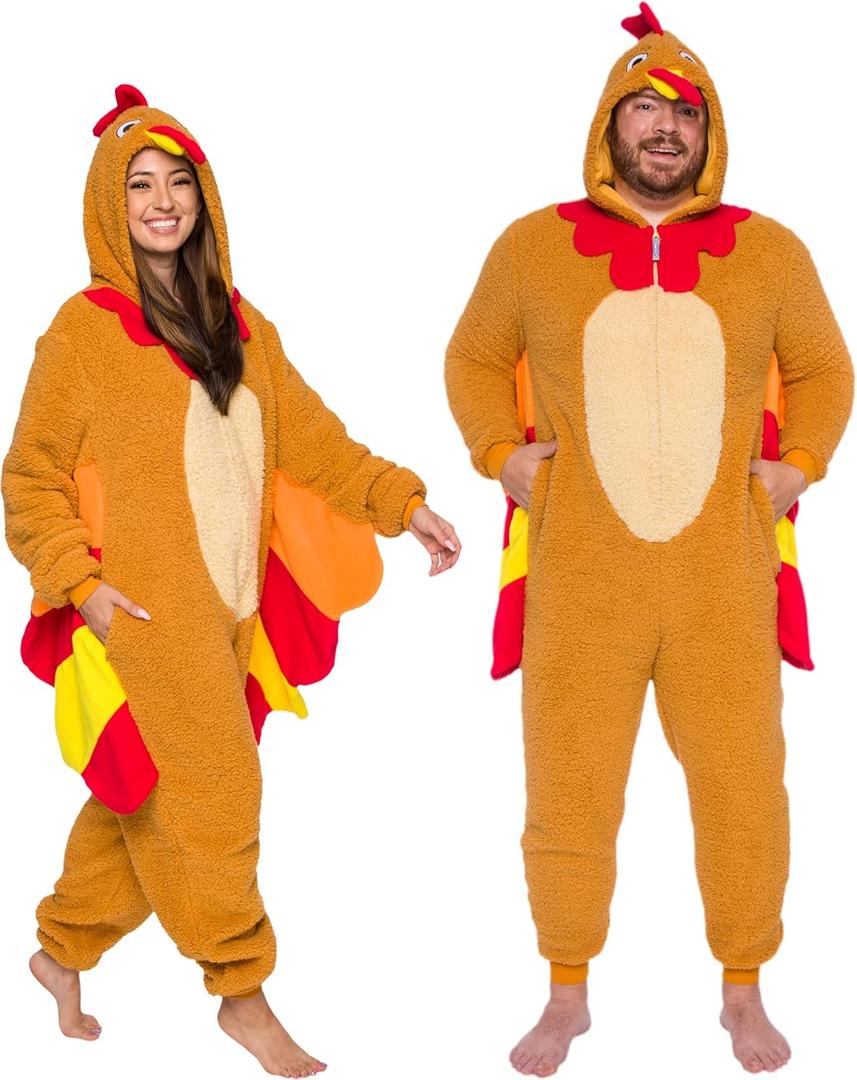 Funziez! Slim Fit Sherpa Adult Onesie - Animal Halloween Costume - Plush One Piece Cosplay Suit for Women and Men (Medium, Turkey)
