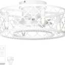 White Caged Ceiling Fans with Lights and Remote Outdoor Enclosed Bladeless 18 Inch Low Profile Flush Mount Fixture Small Fandelier LED Ceiling Fan Light for Kitchen Farmhouse Bedroom