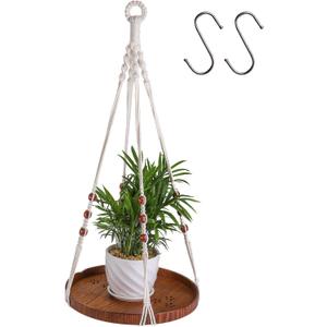 Hedume Macrame Plant Hanger with 2 Pack Ceiling Hooks, Indoor Outdoor Hanging Plant Holder with Large Tray for Succulents, Cacti, Small Plants, Boho Bohemian Home Decor with Wood Beads
