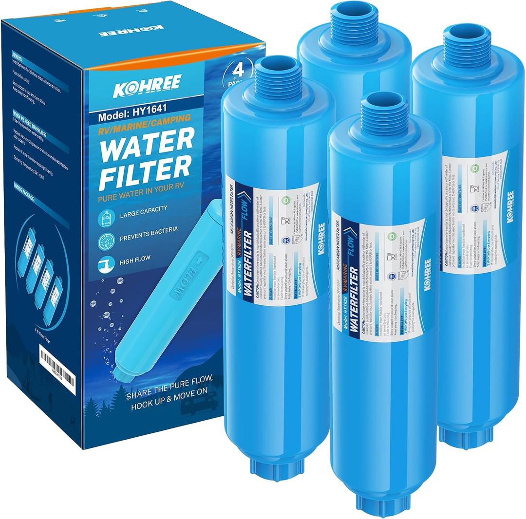 Kohree RV Inline Water Filter, NSF Certified, Camper Water Filter Reduces Chlorine, Bad Taste, Odor, RV Accessories Water Hose Filter for RV Campers, Marine, Gardening, Boats, Trailer, 4 Pack