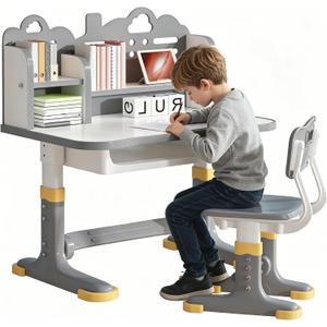 Kids Study Desk and Chair Set 3-12 - Height Adjustable Children Study Table | Ergonomic Chair | Widened Desktop | School Study Writing Art Desk with Bookstand and Storage Drawer for Boy & Girl (Grey)