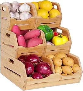 Tfro & Cile Bamboo Potato and Onion Storage Bins Pantry Organizers 3 Tier Stackable Vegetable Baskets Multipurpose Fruit Organization Containers for Kitchen  Set of 5