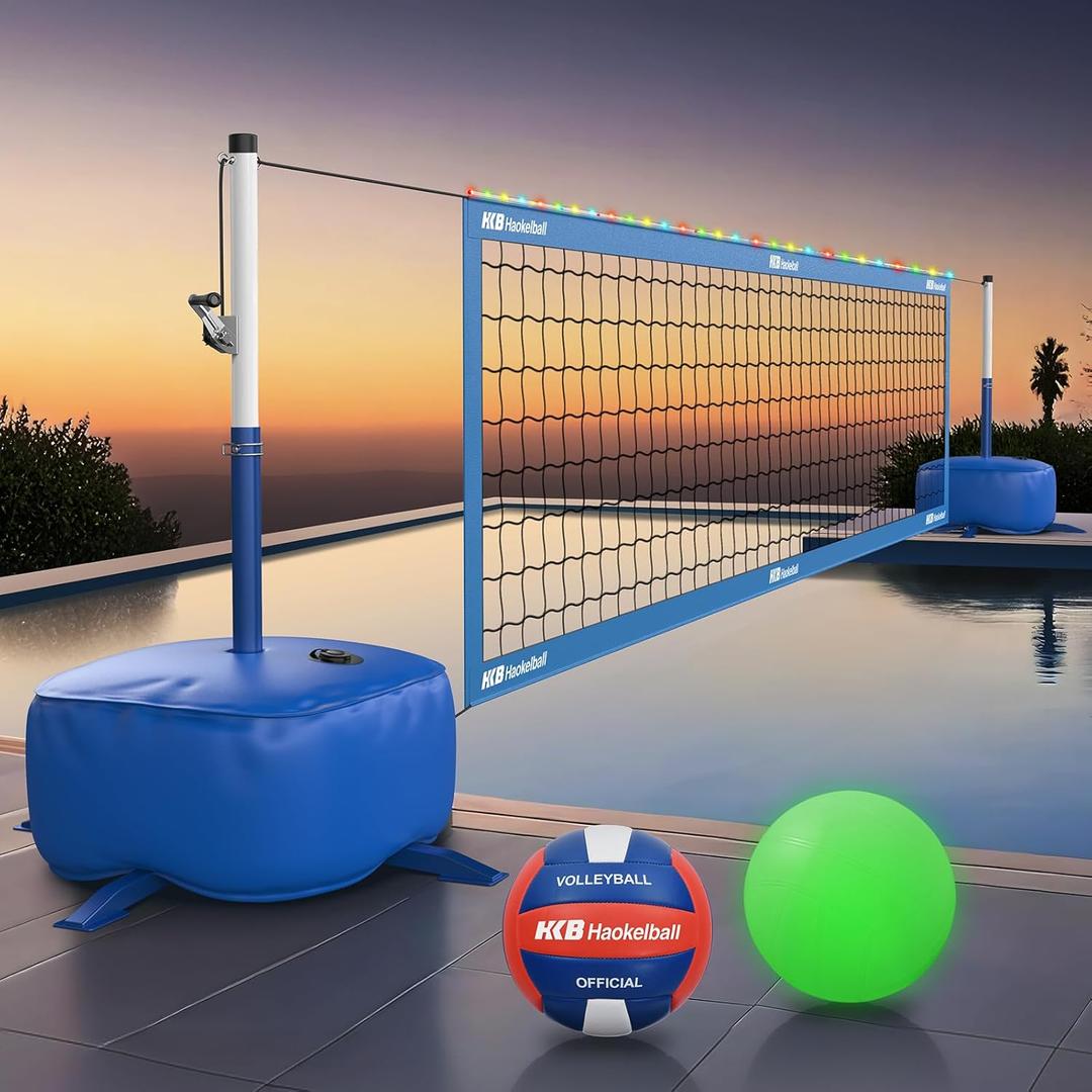 Haokelball Pool Volleyball Net Set  Adjustable 15ft-32ft Length & Height, LED Net, 2 Volleyballs (Standard & Glow-in-The-Dark), 45L Weighted Base, for Family Fun, Pool & Party Games