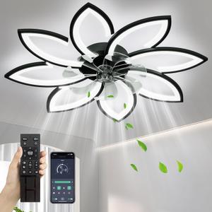 35'' Ceiling Fans With Lights And Remote, Modern Low Profile Ceiling Fans 6 Speed Quiet Reversible Motor, Flush Mount LED Fan Light, Stepless Dimmable for Bedroom/living room/Kids Room (Black), 35.4"L x 35.4" W x 5.5" H