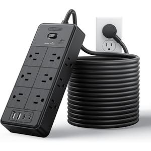 NTONPOWER Long Cord Power Strip, 25 FT Extension Cord with 12 Outlets & 4 USB Ports (2 USB C), 3 Side Multiple Outlet Extender, Wall Mounted for Home Office