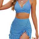 Blooming Jelly Women's High Waisted Bikini Sets Tummy Control Swim Skirt Two Piece Swim Suit 2025 Retro Swimsuit Medium, Blue White Plaid 