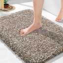 Yimobra Bathroom Rugs Non Slip Washable 24x17, Ultra Soft and Water Absorbent Bath Mats, Plush Fluffy Shower Mat Outside, Microfiber Thick Matts for Bathroom Floor/Sink, Light Brown and White