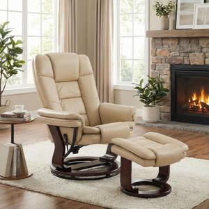 Argus Swivel Recliner with Ottoman, PU Leather & Wood Base Reclining Chair with Footrest, Ultra-Plush Double Foam for Living Room, Bedroom and Office, Set of 1 (Beige)