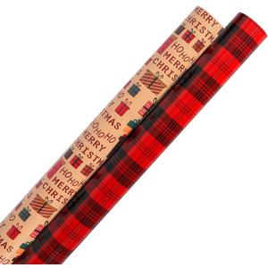 JinhzWin Christmas Wrapping Papers Rolls (2 Rolls: 82 sq. ft. ttl.) Large Roll Holiday Gift Wrap Paper(30 Inch X 394 Inch) with Winter Element Red & Black Plaid, MERRY CHRISTMAS Text, Gift Box Favor
