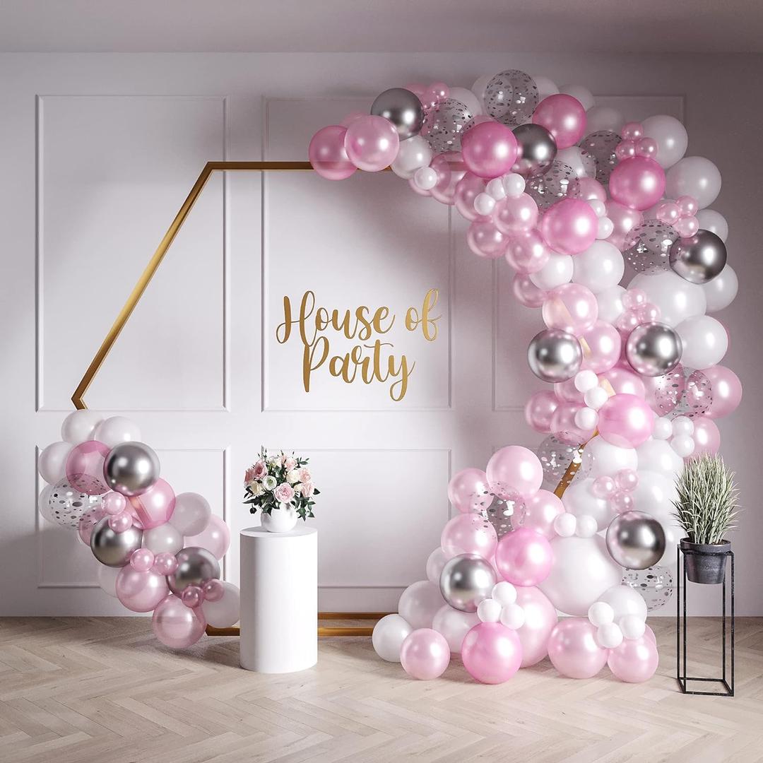 HOUSE OF PARTY Pink and White Balloons Garland Kit 158 Pcs - Pink, Silver Metallic, Silver Confetti Balloon Arch | White and Hot Pink Birthday Decorations and Party Supplies