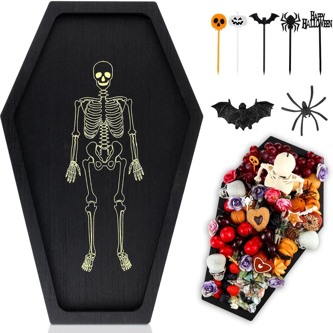 32 Pcs Halloween Coffin Charcuterie Board Gothic Wooden Serving Tray Halloween Cutting Board Table Decoration Set Includes Coffin Tray 16" Skeleton Plastic Bats Spiders Fruit Picks