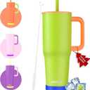 40 oz Tumbler with Handle and Straw, Gift for Her, Flexible Straw, Insulated Tumbler Cups with Silicone Bottom, Keeps Beverages Cold Up to 24 Hours, Gym/Travel/School（ Neon Green）