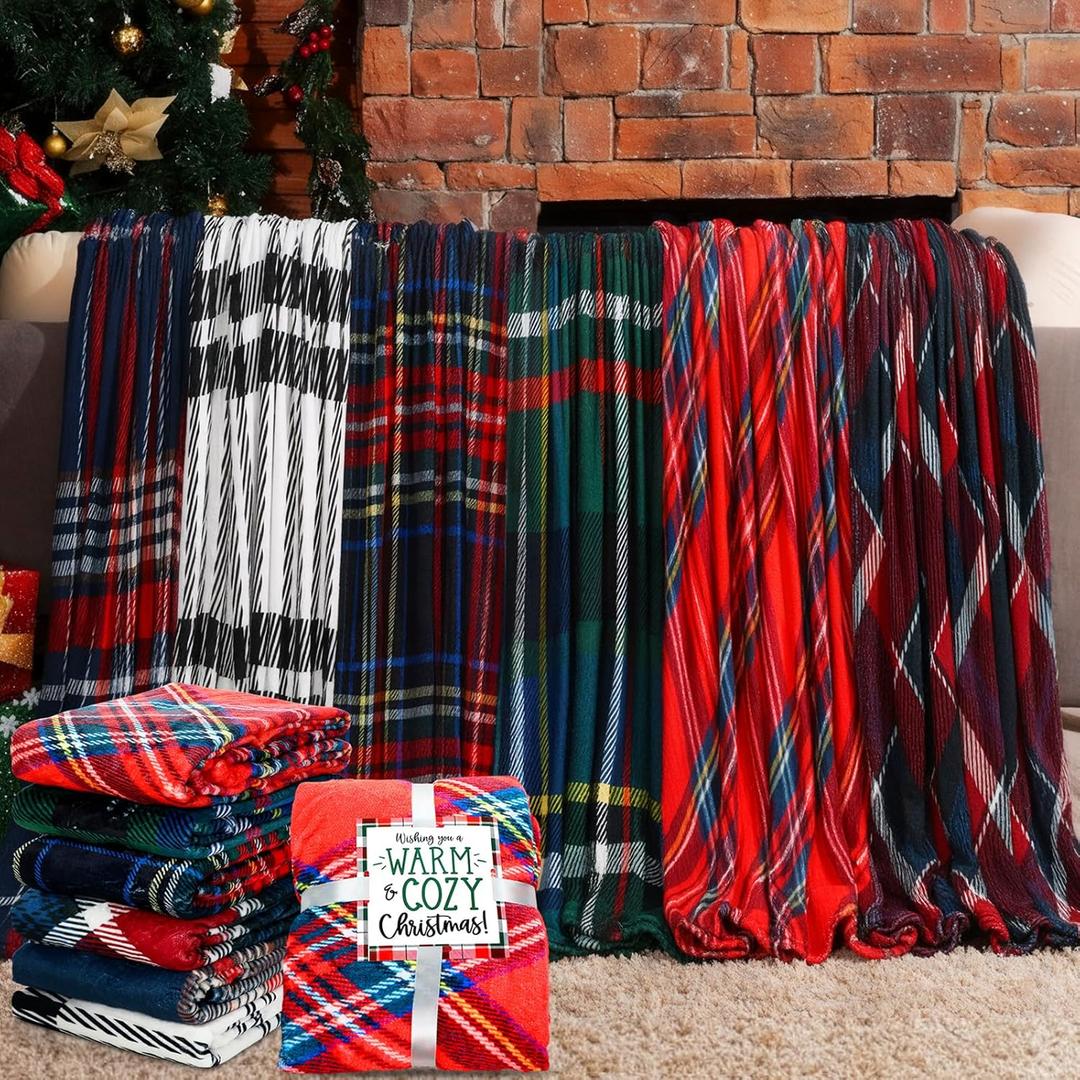 6 Pack Christmas Throw Blankets Gift with Card 50 x 60 Inch Plush Fleece Holiday Warm Soft Blankets Flannel Buffalo Plaid Bedding for Couch Bed Winter Decoration