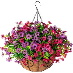 HyeFlora Artificial Faux Hanging Plants Flowers Basket for Spring Summer Outdoor Outside Decoration, Fake Silk Colorful Daisy Eucalyptus in Planter UV Resistant Realistic for Porch Patio Balcony Yard (Purple Pink)