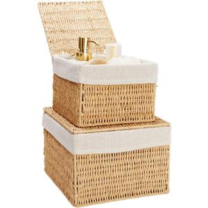 Juvale Wicker Storage Bins with Lids and Insert - Set of 2, 10 x 10 x 7 in & 8 x 8 x 6 in, Brown - Rectangular Lined Baskets with Lids & Insert for Organization